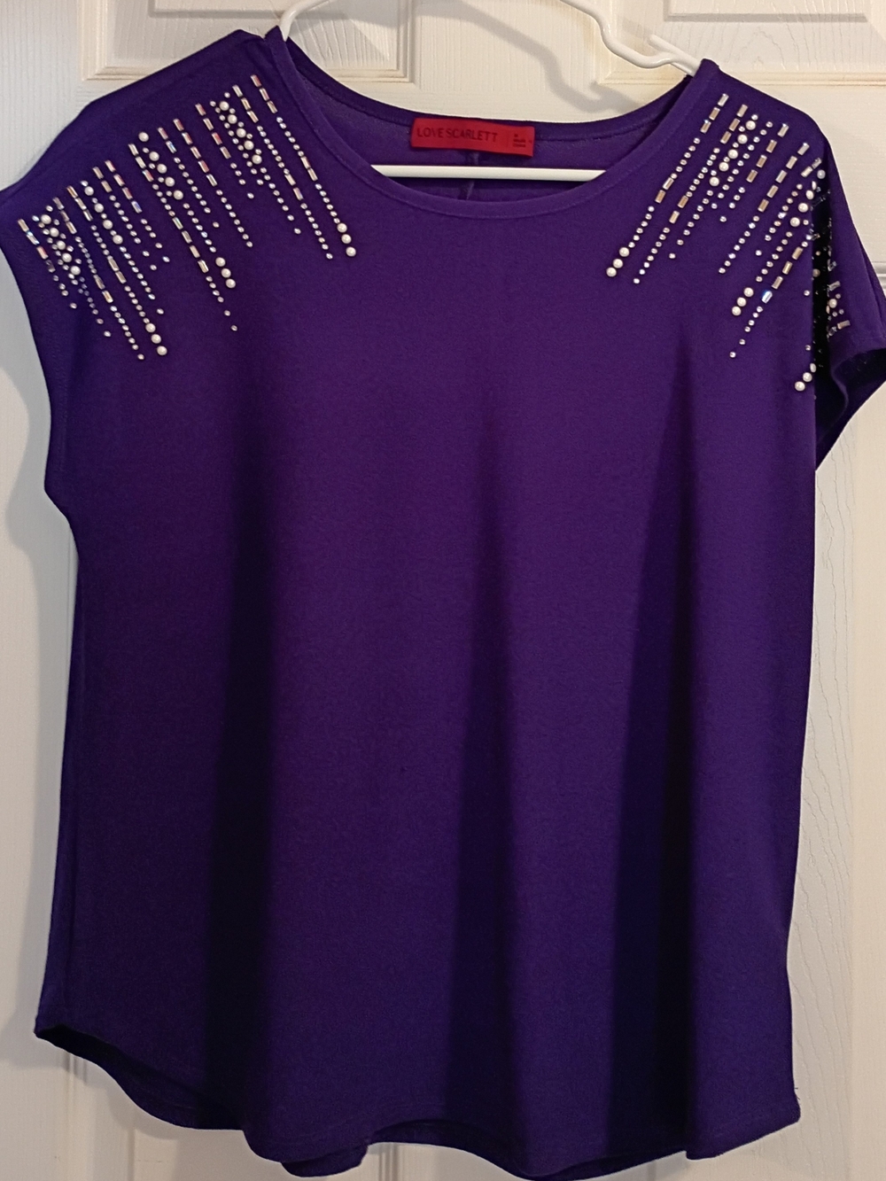 Love Scarlett Purple Short Sleeve Tee with Pearl & Stud Shoulder Detail